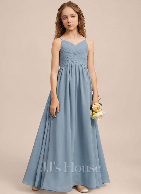 Junior Bridesmaid Dresses | A-line V-Neck Floor-Length Chiffon Junior Bridesmaid Dress Dusty Blue – Girls