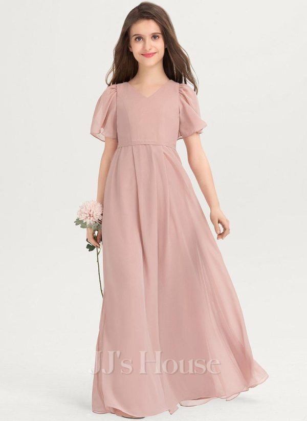 Junior Bridesmaid Dresses | A-line V-Neck Floor-Length Chiffon Junior Bridesmaid Dress Dusty Rose – Girls