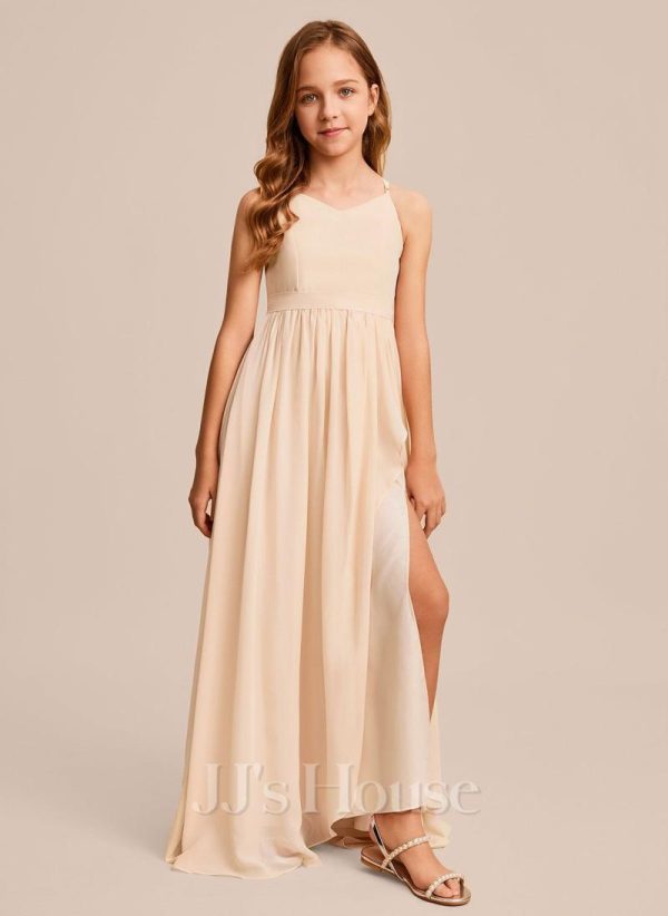 Junior Bridesmaid Dresses | A-line V-Neck Floor-Length Chiffon Junior Bridesmaid Dress Pearl Pink – Girls