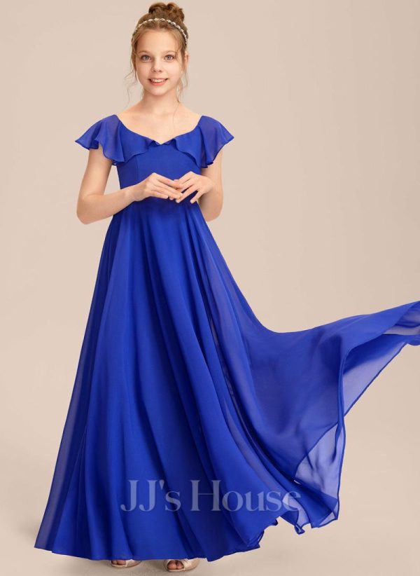 Junior Bridesmaid Dresses | A-line V-Neck Floor-Length Chiffon Junior Bridesmaid Dress Royal Blue – Girls