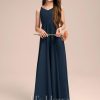 Junior Bridesmaid Dresses | A-line V-Neck Floor-Length Chiffon Junior Bridesmaid Dress With Bow Dark Navy – Girls