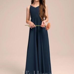 Junior Bridesmaid Dresses | A-line V-Neck Floor-Length Chiffon Junior Bridesmaid Dress With Bow Dark Navy – Girls