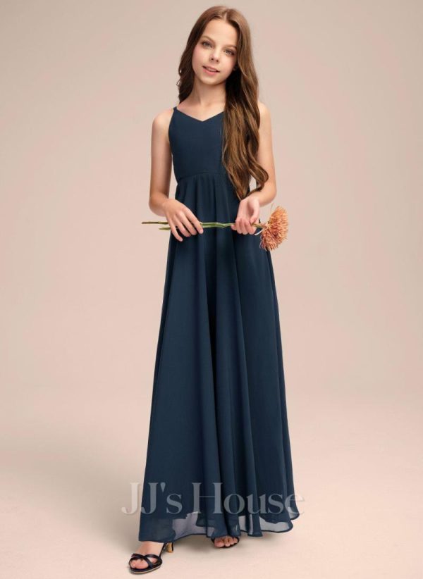 Junior Bridesmaid Dresses | A-line V-Neck Floor-Length Chiffon Junior Bridesmaid Dress With Bow Dark Navy – Girls