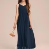 Junior Bridesmaid Dresses | A-line V-Neck Floor-Length Chiffon Junior Bridesmaid Dress With Bow Dark Navy – Girls