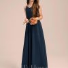 Junior Bridesmaid Dresses | A-line V-Neck Floor-Length Chiffon Junior Bridesmaid Dress With Bow Dark Navy – Girls