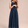 Junior Bridesmaid Dresses | A-line V-Neck Floor-Length Chiffon Junior Bridesmaid Dress With Bow Dark Navy – Girls