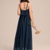 Junior Bridesmaid Dresses | A-line V-Neck Floor-Length Chiffon Junior Bridesmaid Dress With Bow Dark Navy – Girls