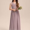 Junior Bridesmaid Dresses | A-line V-Neck Floor-Length Chiffon Junior Bridesmaid Dress With Bow Pleated Dusk – Girls