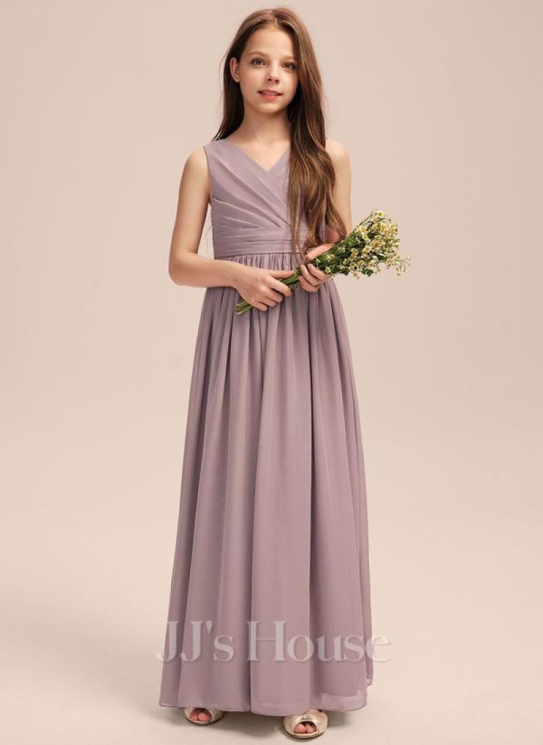 Junior Bridesmaid Dresses | A-line V-Neck Floor-Length Chiffon Junior Bridesmaid Dress With Bow Pleated Dusk – Girls