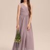 Junior Bridesmaid Dresses | A-line V-Neck Floor-Length Chiffon Junior Bridesmaid Dress With Bow Pleated Dusk – Girls