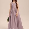 Junior Bridesmaid Dresses | A-line V-Neck Floor-Length Chiffon Junior Bridesmaid Dress With Bow Pleated Dusk – Girls