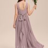 Junior Bridesmaid Dresses | A-line V-Neck Floor-Length Chiffon Junior Bridesmaid Dress With Bow Pleated Dusk – Girls