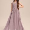 Junior Bridesmaid Dresses | A-line V-Neck Floor-Length Chiffon Junior Bridesmaid Dress With Bow Pleated Dusk – Girls