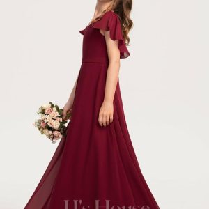 Junior Bridesmaid Dresses | A-line V-Neck Floor-Length Chiffon Junior Bridesmaid Dress With Cascading Ruffles Burgundy – Girls