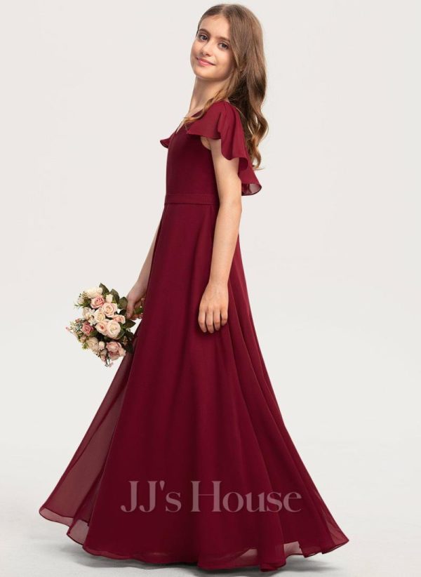 Junior Bridesmaid Dresses | A-line V-Neck Floor-Length Chiffon Junior Bridesmaid Dress With Cascading Ruffles Burgundy – Girls