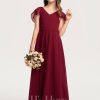 Junior Bridesmaid Dresses | A-line V-Neck Floor-Length Chiffon Junior Bridesmaid Dress With Cascading Ruffles Burgundy – Girls