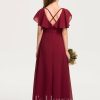 Junior Bridesmaid Dresses | A-line V-Neck Floor-Length Chiffon Junior Bridesmaid Dress With Cascading Ruffles Burgundy – Girls