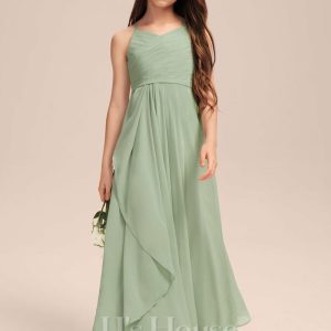 Junior Bridesmaid Dresses | A-line V-Neck Floor-Length Chiffon Junior Bridesmaid Dress With Cascading Ruffles Celadon – Girls