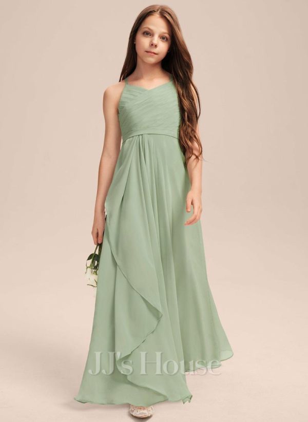 Junior Bridesmaid Dresses | A-line V-Neck Floor-Length Chiffon Junior Bridesmaid Dress With Cascading Ruffles Celadon – Girls