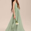 Junior Bridesmaid Dresses | A-line V-Neck Floor-Length Chiffon Junior Bridesmaid Dress With Cascading Ruffles Celadon – Girls