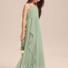 Junior Bridesmaid Dresses | A-line V-Neck Floor-Length Chiffon Junior Bridesmaid Dress With Cascading Ruffles Celadon – Girls