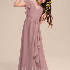 Junior Bridesmaid Dresses | A-line V-Neck Floor-Length Chiffon Junior Bridesmaid Dress With Cascading Ruffles Vintage Mauve – Girls