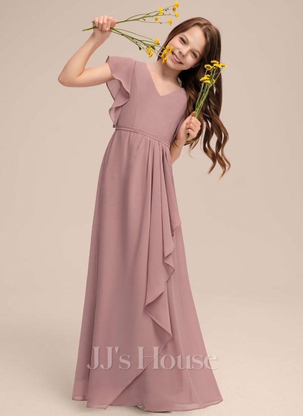 Junior Bridesmaid Dresses | A-line V-Neck Floor-Length Chiffon Junior Bridesmaid Dress With Cascading Ruffles Vintage Mauve – Girls