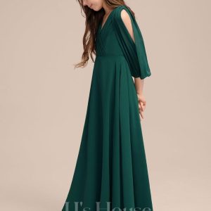 Junior Bridesmaid Dresses | A-line V-Neck Floor-Length Chiffon Junior Bridesmaid Dress With Pleated Dark Green – Girls