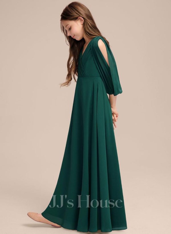 Junior Bridesmaid Dresses | A-line V-Neck Floor-Length Chiffon Junior Bridesmaid Dress With Pleated Dark Green – Girls