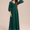 Junior Bridesmaid Dresses | A-line V-Neck Floor-Length Chiffon Junior Bridesmaid Dress With Pleated Dark Green – Girls