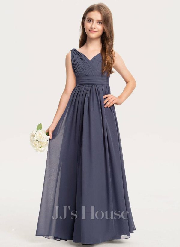 Junior Bridesmaid Dresses | A-line V-Neck Floor-Length Chiffon Junior Bridesmaid Dress With Pleated Stormy – Girls