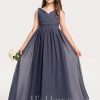 Junior Bridesmaid Dresses | A-line V-Neck Floor-Length Chiffon Junior Bridesmaid Dress With Pleated Stormy – Girls