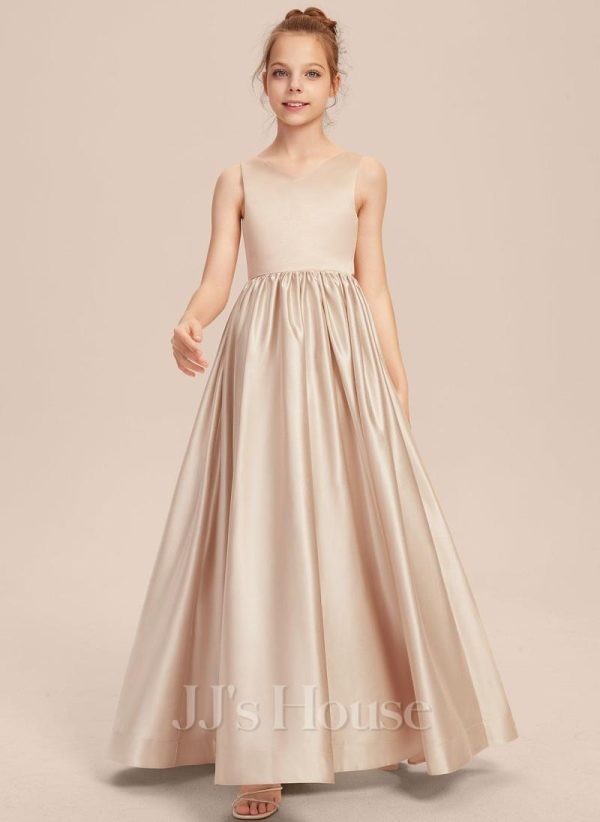 Junior Bridesmaid Dresses | A-line V-Neck Floor-Length Satin Junior Bridesmaid Dress With Bow As Picture – Girls