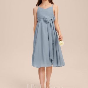 Junior Bridesmaid Dresses | A-line V-Neck Knee-Length Chiffon Junior Bridesmaid Dress Dusty Blue – Girls