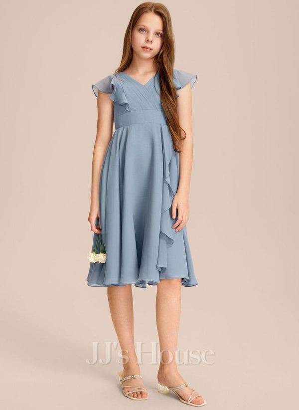 Junior Bridesmaid Dresses | A-line V-Neck Knee-Length Chiffon Junior Bridesmaid Dress With Cascading Ruffles Dusty Blue – Girls