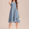 Junior Bridesmaid Dresses | A-line V-Neck Knee-Length Chiffon Junior Bridesmaid Dress With Cascading Ruffles Dusty Blue – Girls