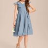 Junior Bridesmaid Dresses | A-line V-Neck Knee-Length Chiffon Junior Bridesmaid Dress With Cascading Ruffles Dusty Blue – Girls