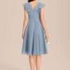 Junior Bridesmaid Dresses | A-line V-Neck Knee-Length Chiffon Junior Bridesmaid Dress With Cascading Ruffles Dusty Blue – Girls