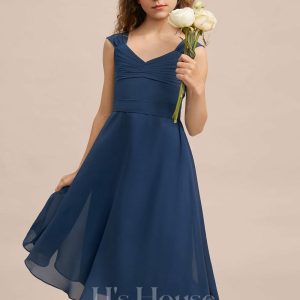 Junior Bridesmaid Dresses | A-line V-Neck Tea-Length Chiffon Junior Bridesmaid Dress Navy Blue – Girls