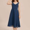 Junior Bridesmaid Dresses | A-line V-Neck Tea-Length Chiffon Junior Bridesmaid Dress Navy Blue – Girls