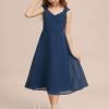 Junior Bridesmaid Dresses | A-line V-Neck Tea-Length Chiffon Junior Bridesmaid Dress Navy Blue – Girls