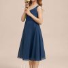 Junior Bridesmaid Dresses | A-line V-Neck Tea-Length Chiffon Junior Bridesmaid Dress Navy Blue – Girls