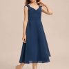 Junior Bridesmaid Dresses | A-line V-Neck Tea-Length Chiffon Junior Bridesmaid Dress Navy Blue – Girls