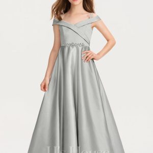 Junior Bridesmaid Dresses | Ball-Gown/Princess Cold Shoulder Floor-Length Satin Junior Bridesmaid Dress Silver – Girls