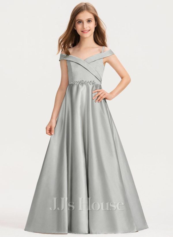 Junior Bridesmaid Dresses | Ball-Gown/Princess Cold Shoulder Floor-Length Satin Junior Bridesmaid Dress Silver – Girls