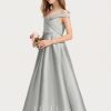 Junior Bridesmaid Dresses | Ball-Gown/Princess Cold Shoulder Floor-Length Satin Junior Bridesmaid Dress Silver – Girls