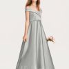 Junior Bridesmaid Dresses | Ball-Gown/Princess Cold Shoulder Floor-Length Satin Junior Bridesmaid Dress Silver – Girls