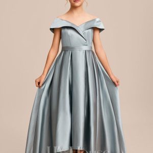 Junior Bridesmaid Dresses | Ball-Gown/Princess Off the Shoulder Asymmetrical Satin Junior Bridesmaid Dress Dusty Blue – Girls