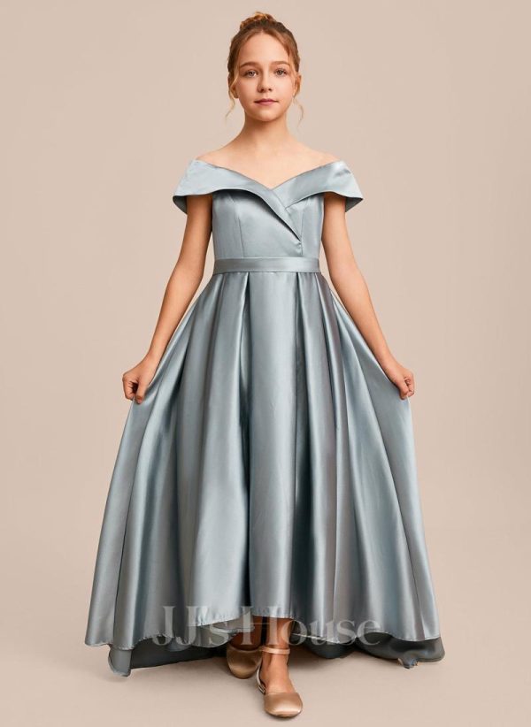 Junior Bridesmaid Dresses | Ball-Gown/Princess Off the Shoulder Asymmetrical Satin Junior Bridesmaid Dress Dusty Blue – Girls