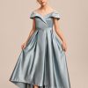 Junior Bridesmaid Dresses | Ball-Gown/Princess Off the Shoulder Asymmetrical Satin Junior Bridesmaid Dress Dusty Blue – Girls